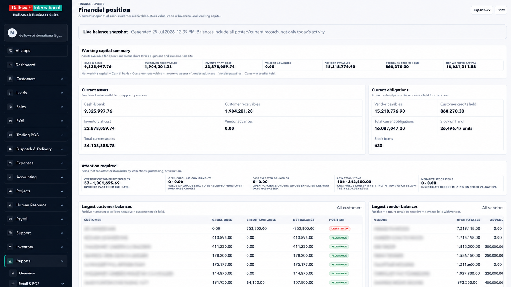 DellowebERP financial position reporting workspace